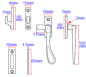 Diagram showing dimensions of the M73 spoon end design casement window fastener