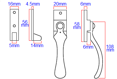 Diagram showing dimensions of the V1005 wedge pattern locking casement window fastener