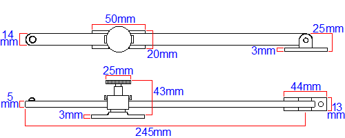 Diagram showing dimensions of the JV150PB screw down casement window stay