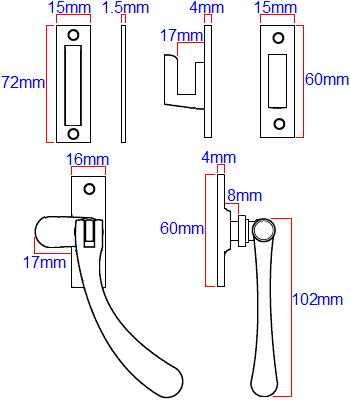 Diagram showing dimensions of the WF11 bulb end design casement window fastener
