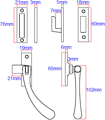 Diagram showing dimensions of the prima AB240 bulb end pear drop design window fastener - 125 range